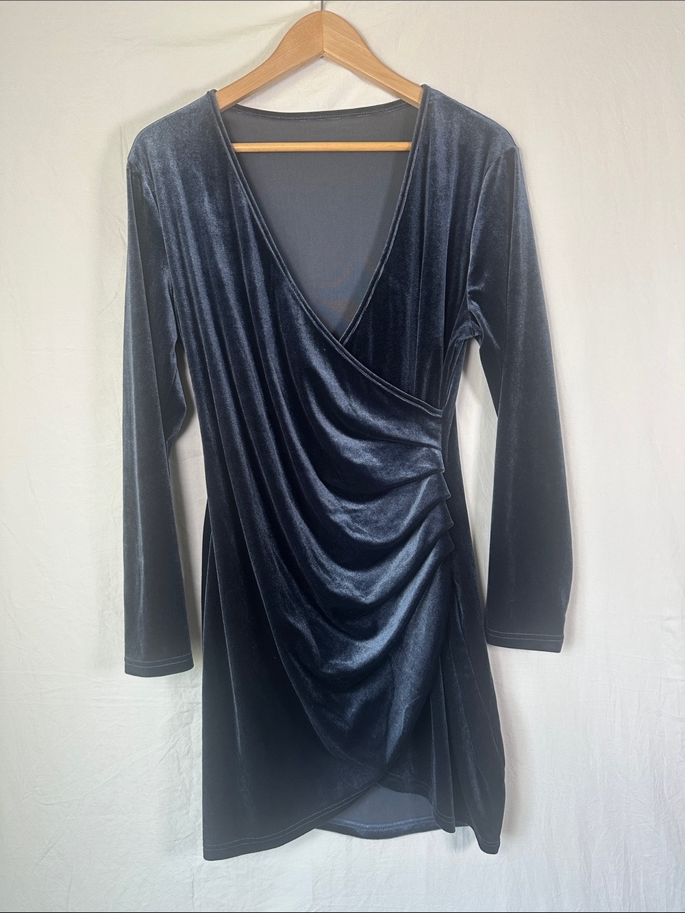SHEIN Dark Blue Velvet Faux-Wrap Long Sleeve Mini Dress